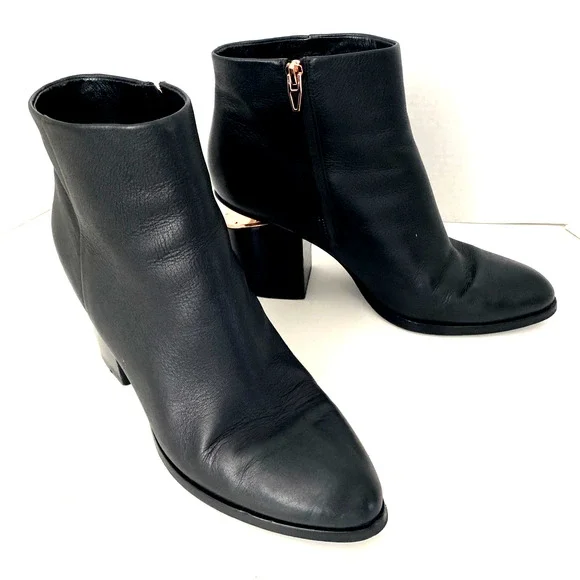 Alexander Wang Gabi Leather Ankle Boot Black Cutout Block Heel Rose Gold 41 11
